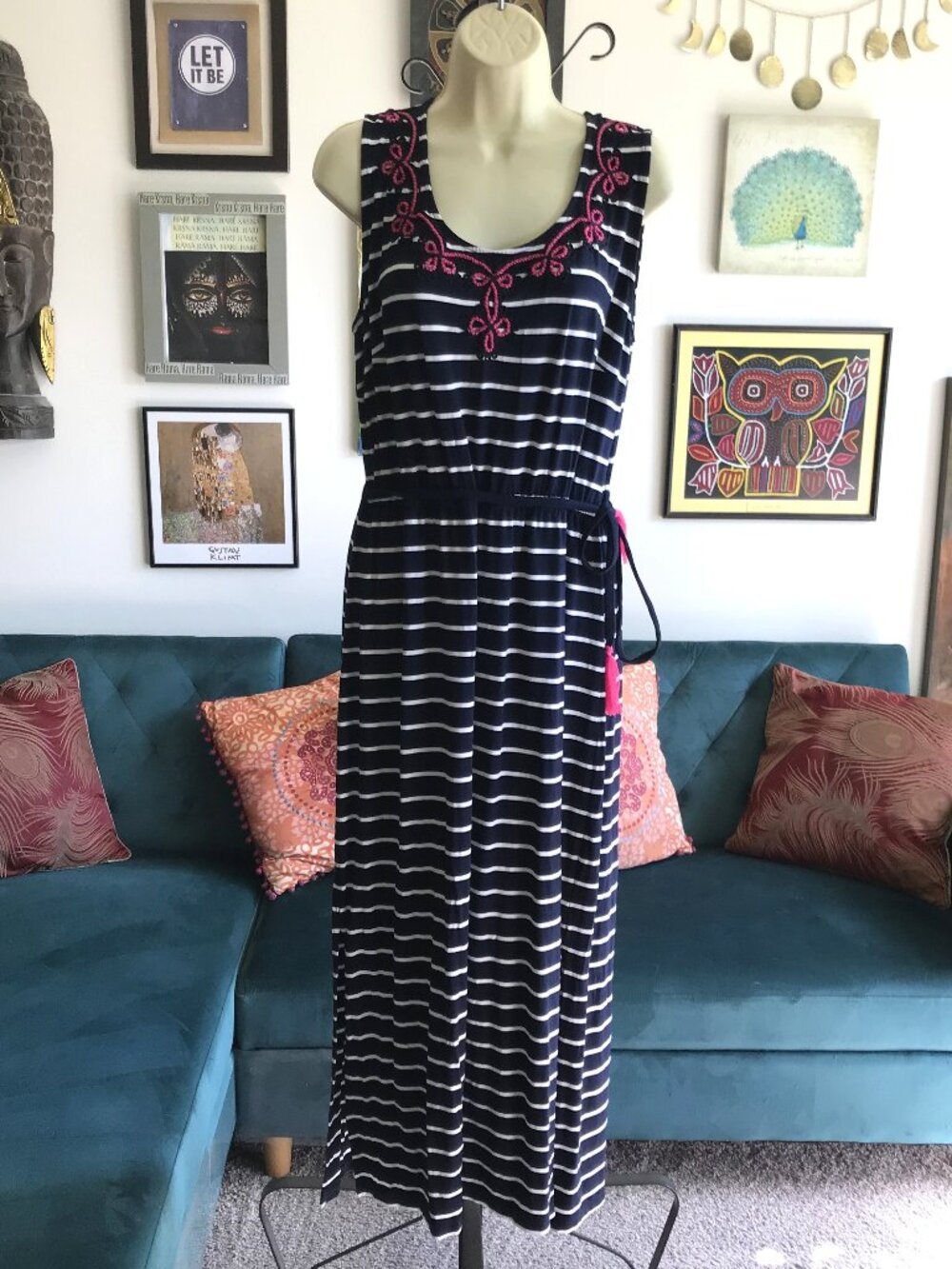 TALBOTS size L / XL Navy Blue Embroidered Tassel-Belt Stripe Jersey Maxi Dress